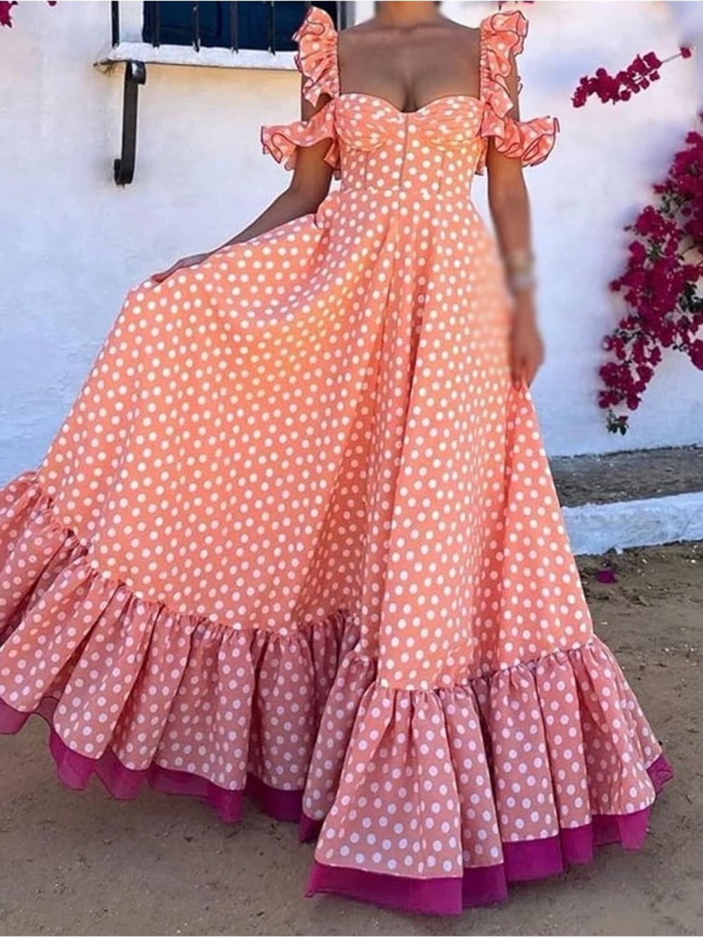 Source Unknown Coral & White Polka Dot Ruffle Strap Maxi Dress W/ Mauve Hem Med.